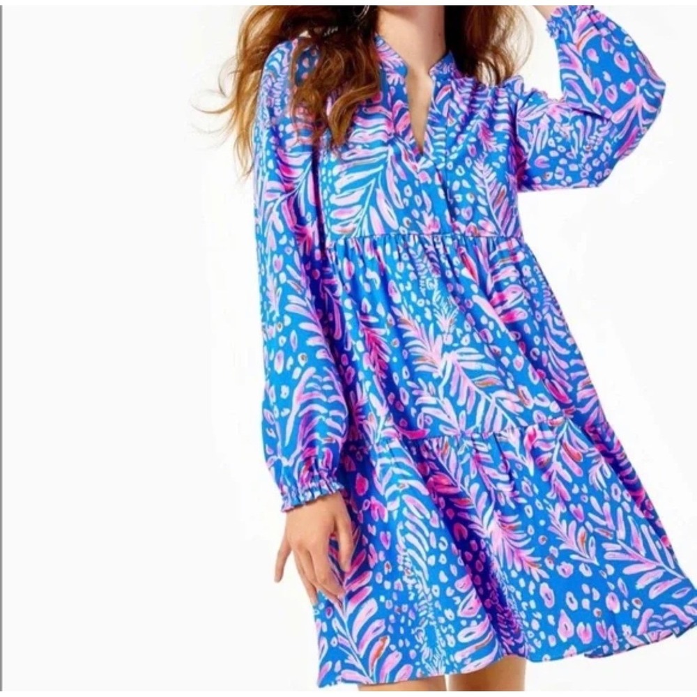 Lilly Pulitzer Geanna Swing Dress Blue Pink Tropical Animal Print Long Sleeve XL